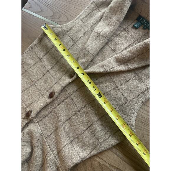 Vintage Ralph Lauren Lambswool Peplum Sweater Vest Plaid Cardigan Camel Beige M - Picture 6 of 7